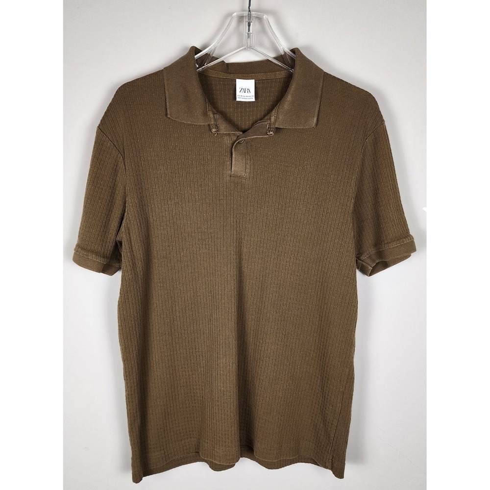 Zara Men Shirt M Green Ribbed Knit Polo Shirt Short Sleeve Casual Basic Everyday
